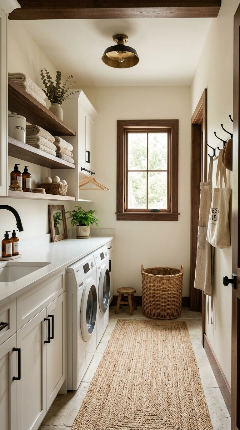 021 Neutral Farmhouse Laundry Room With Dark Wood Acce Farmhouse laundry room dark wood 202605212313