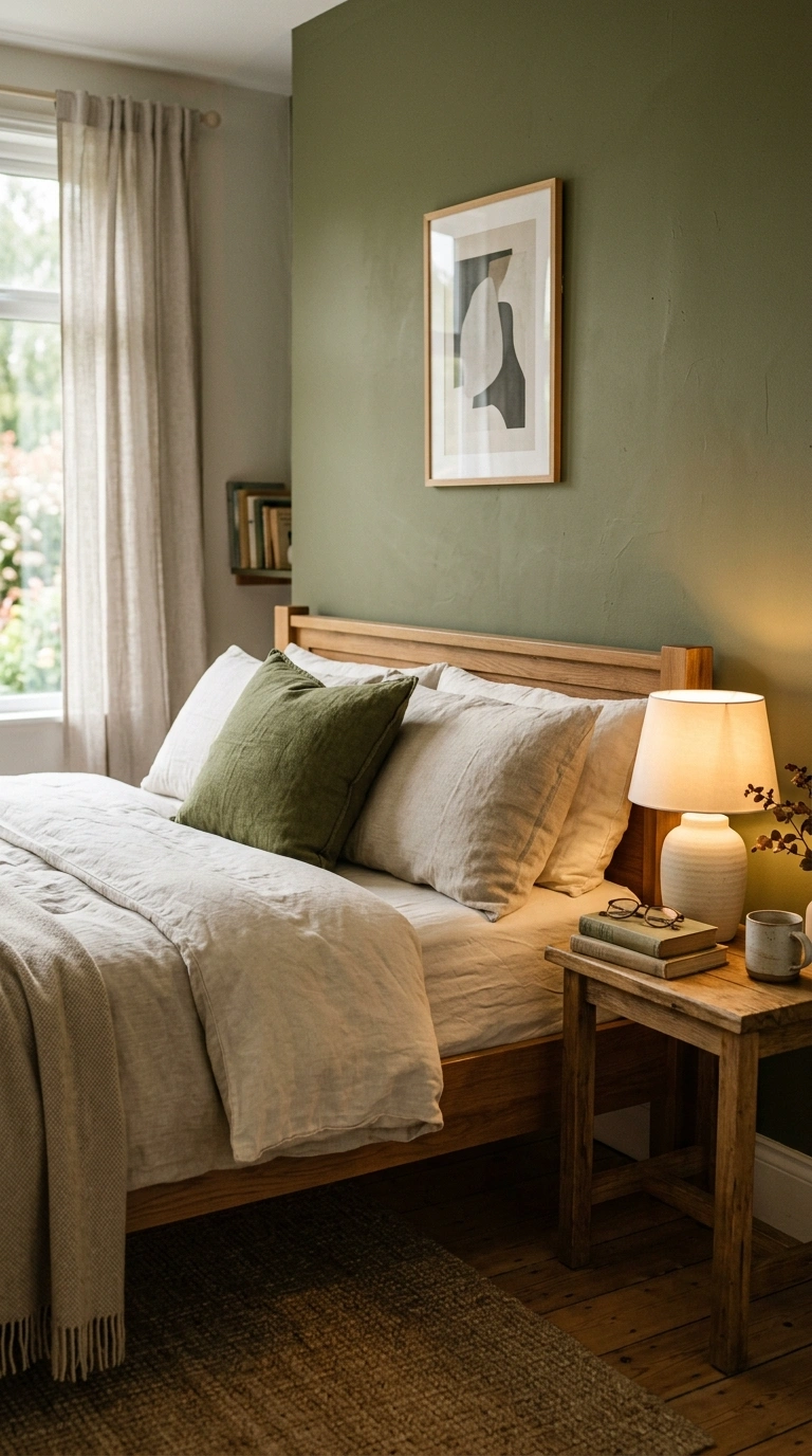 022 A bedroom with a timeless muted olive accent wall
