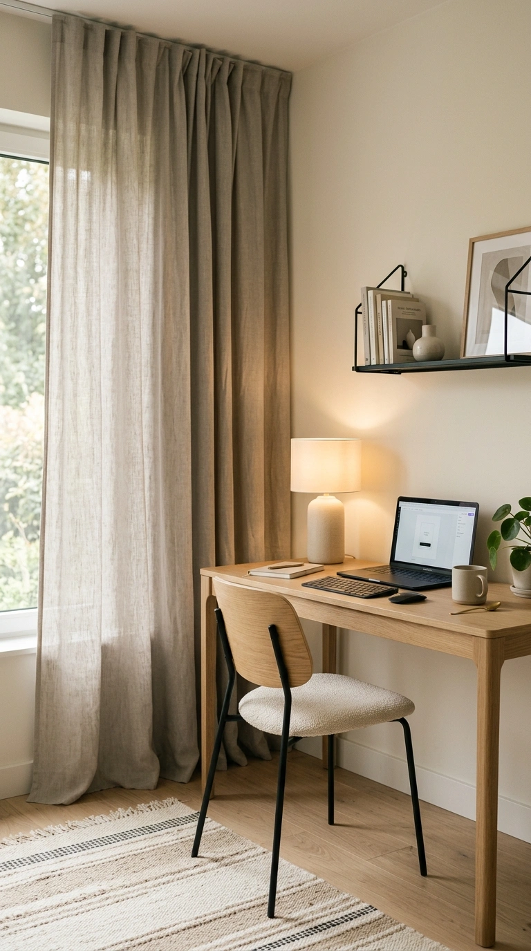 022 Soft Greige Curtains In A Modern Neutral Workspace