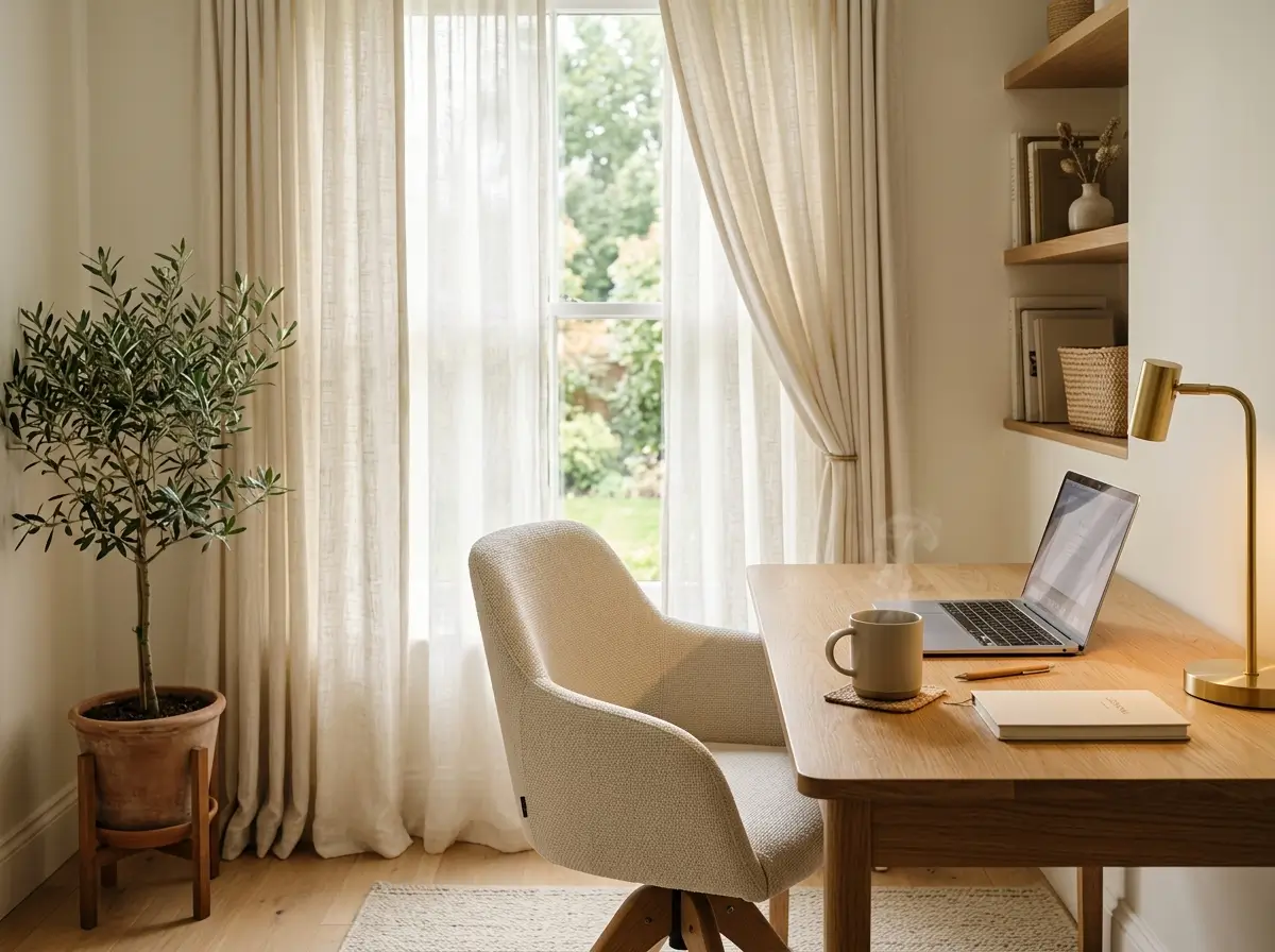 Modern home office with curtains 202605222323