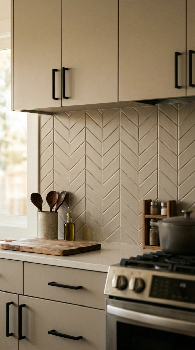 001 23 A chevron pattern tile backsplash in warm greig