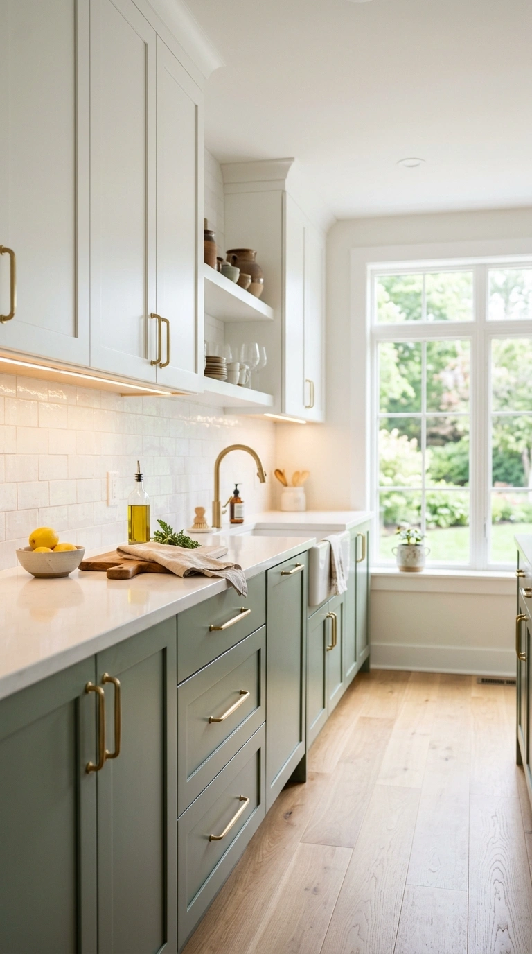 001 A bright kitchen with soft sage green lower cabine