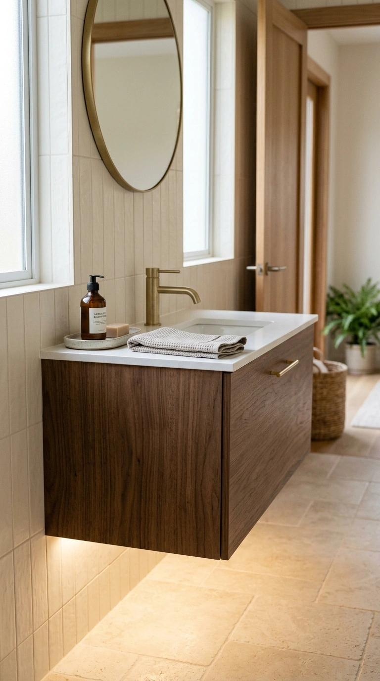 001 A compact bathroom with a wall mounted walnut floa