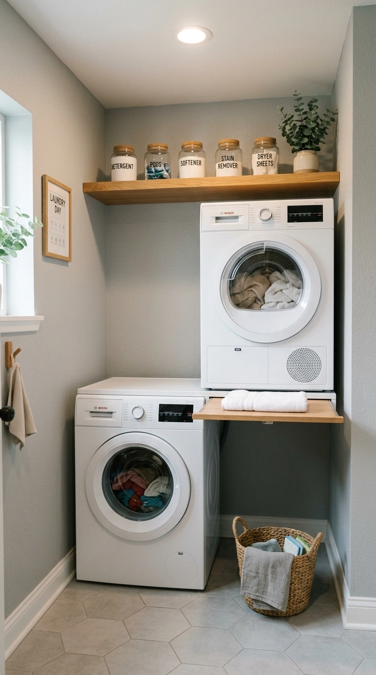 001 A compact laundry corner with a stacked front load