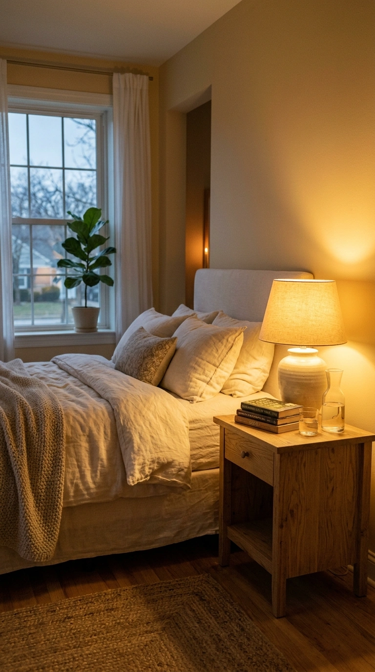 001 A cozy bedroom at dusk glowing under warm 2700K fr