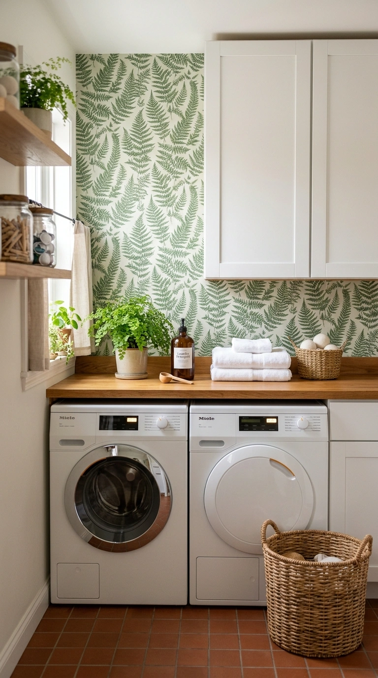 001 A cozy laundry room with a botanical green fern wa