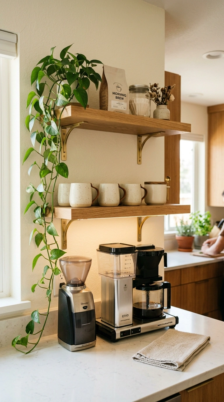 001 A floating shelf coffee station with two warm oak