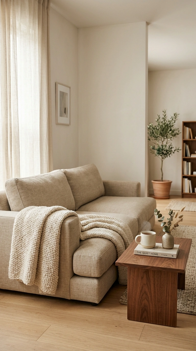 001 A low platform sofa in warm oatmeal linen sitting