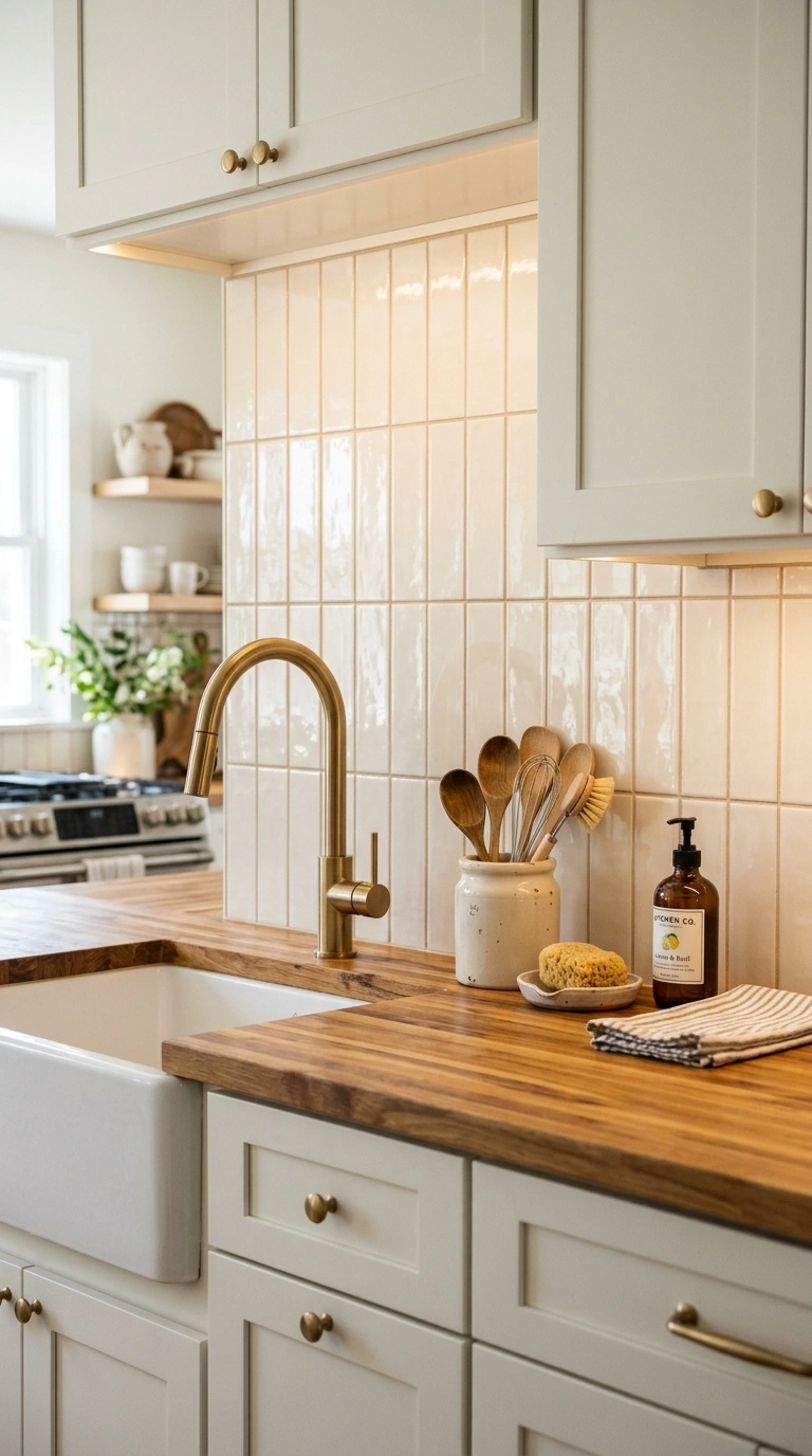 001 A modern kitchen with vertical stacked glossy warm