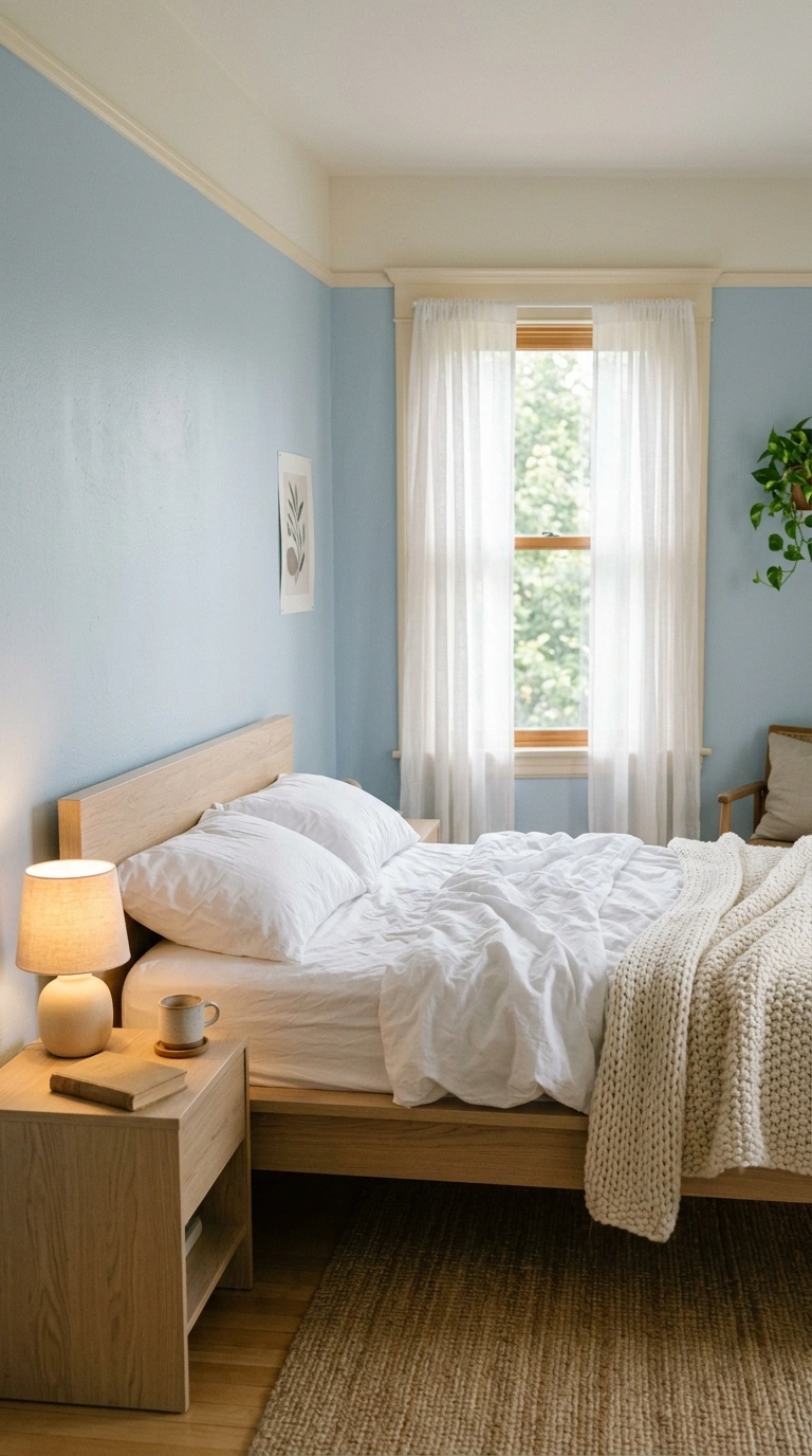 001 A serene bedroom with soft powder blue walls and w