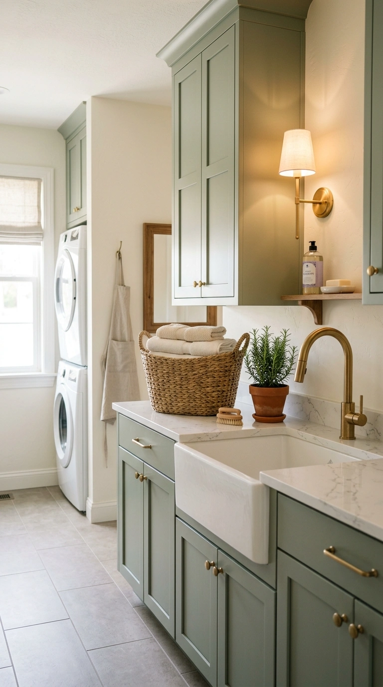 001 A serene laundry room with sage green shaker cabin