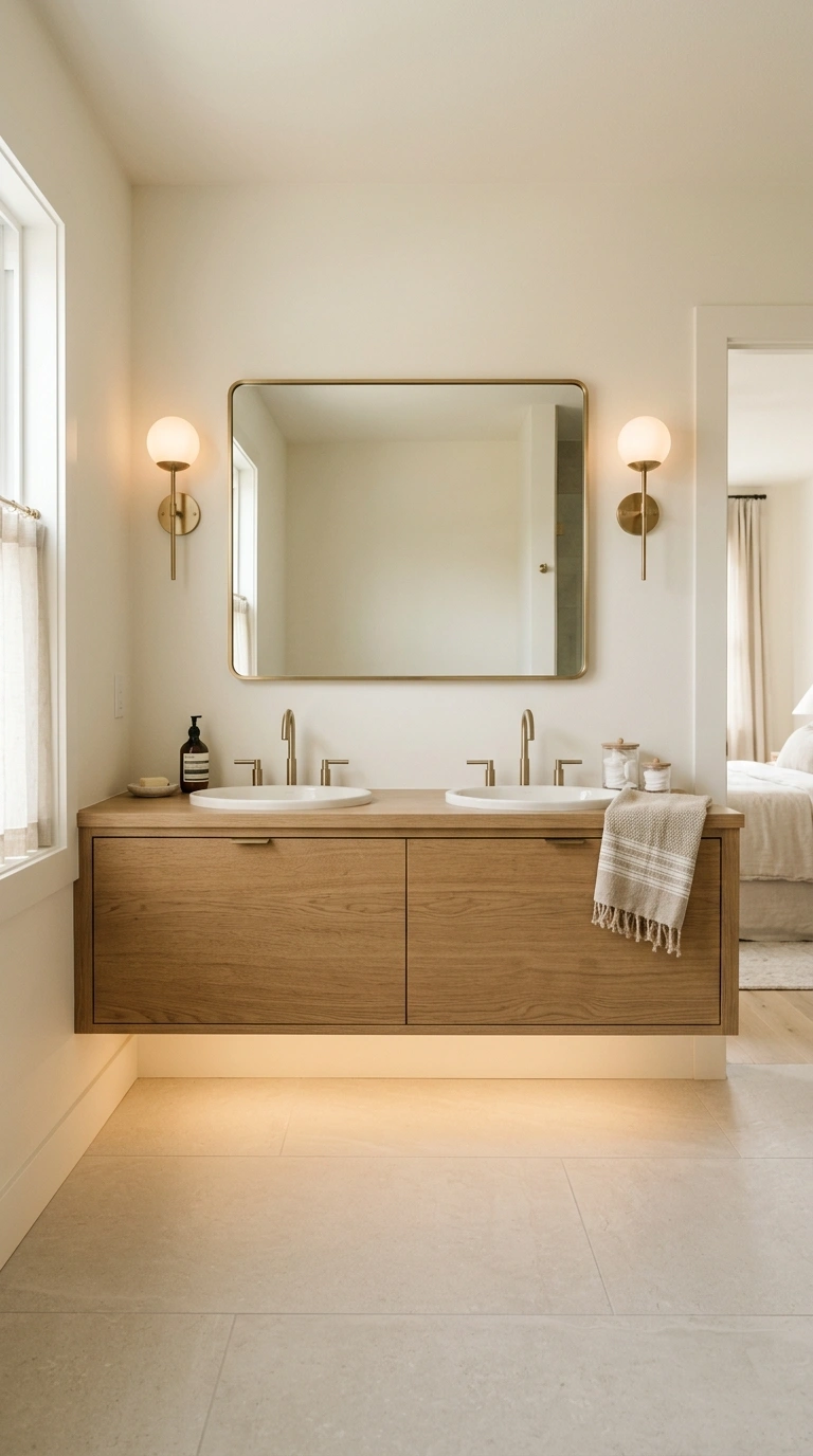 001 A serene modern master bathroom with a floating wa