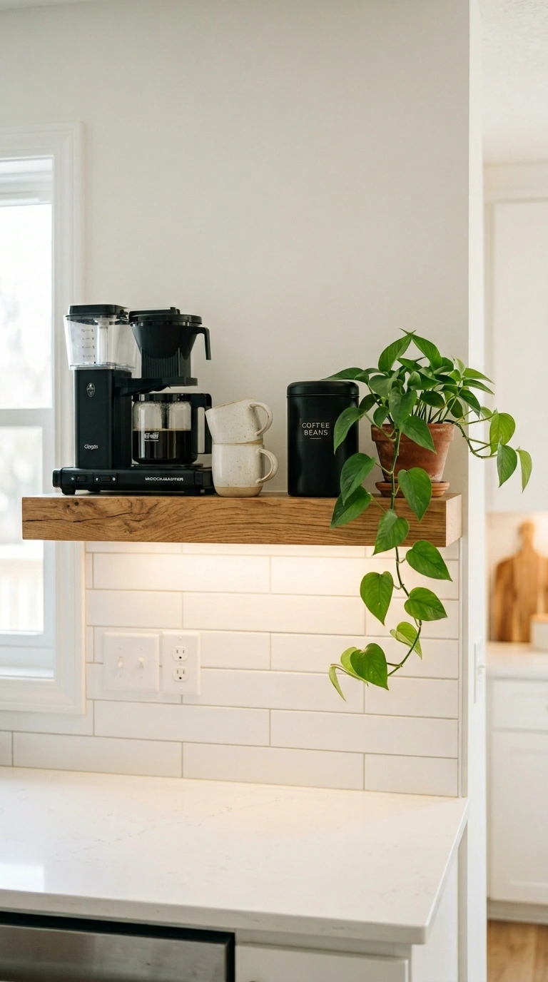 001 A single warm oak floating shelf mounted above a c