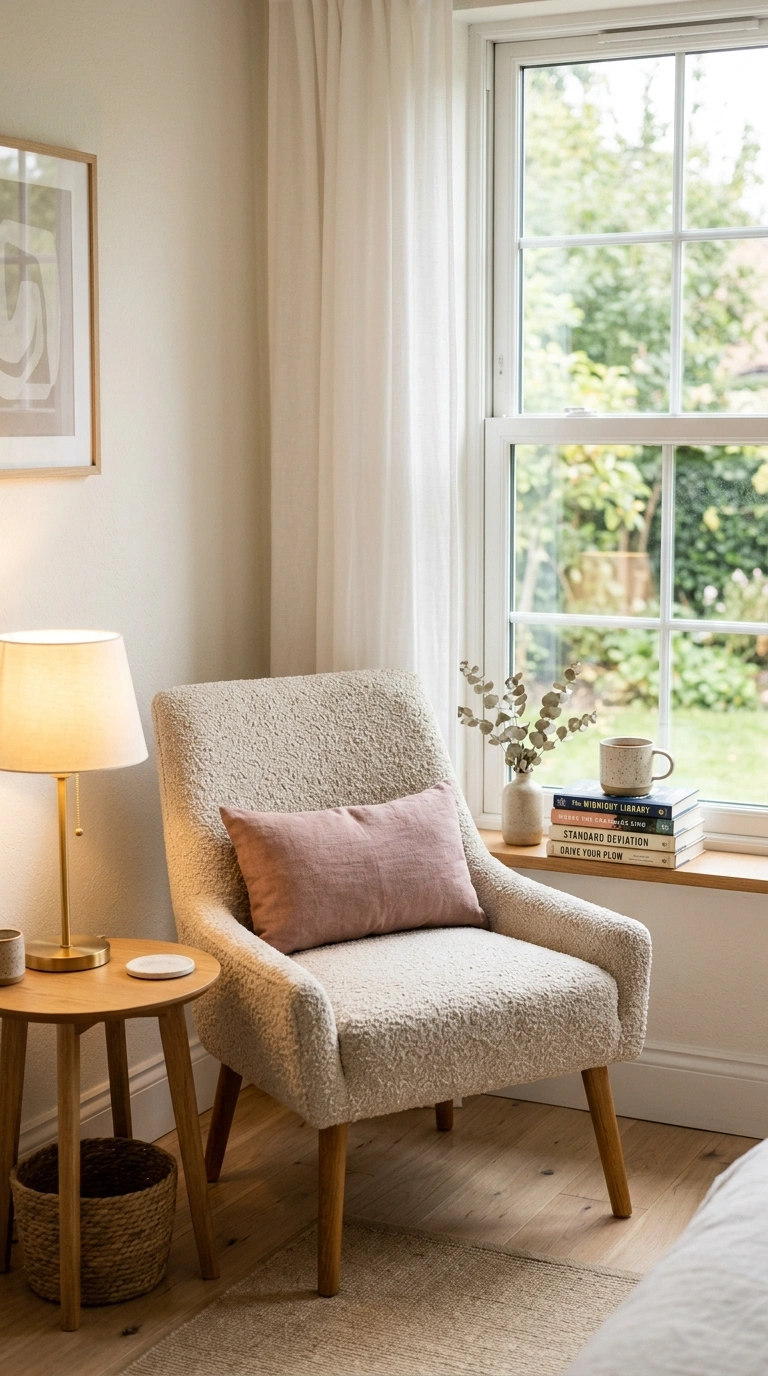 001 A slim oatmeal boucle armchair tucked into a brigh