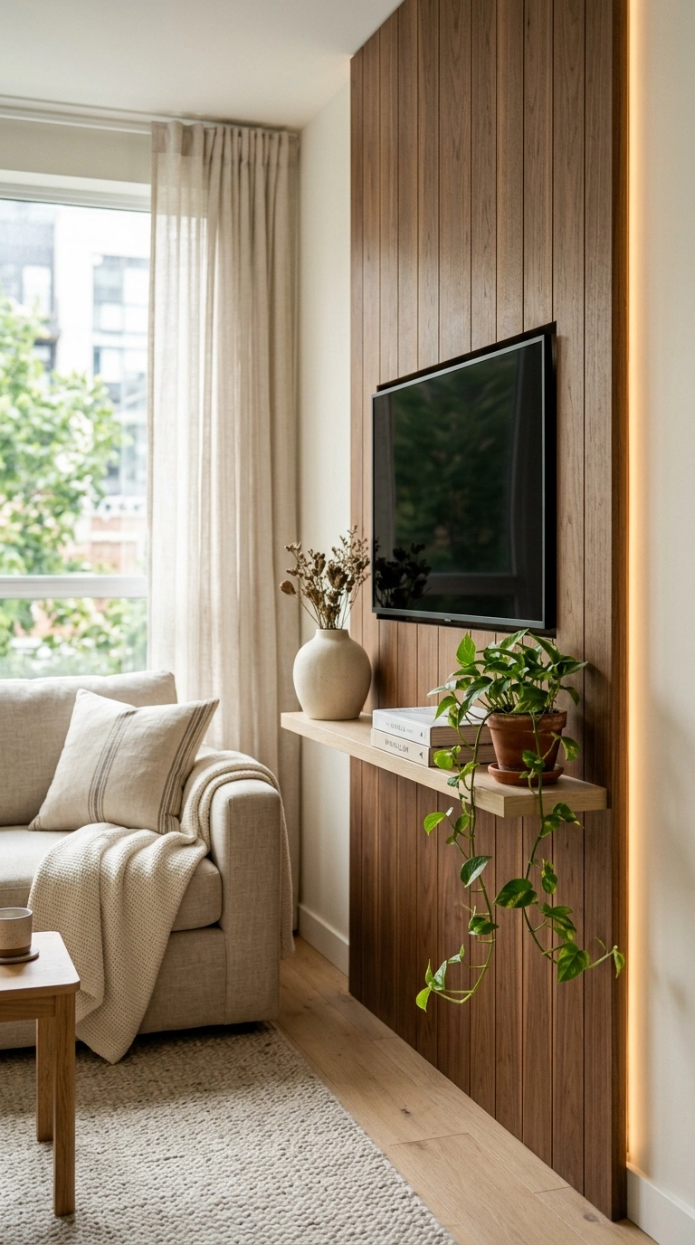 001 A small living room with a slim wood paneled media