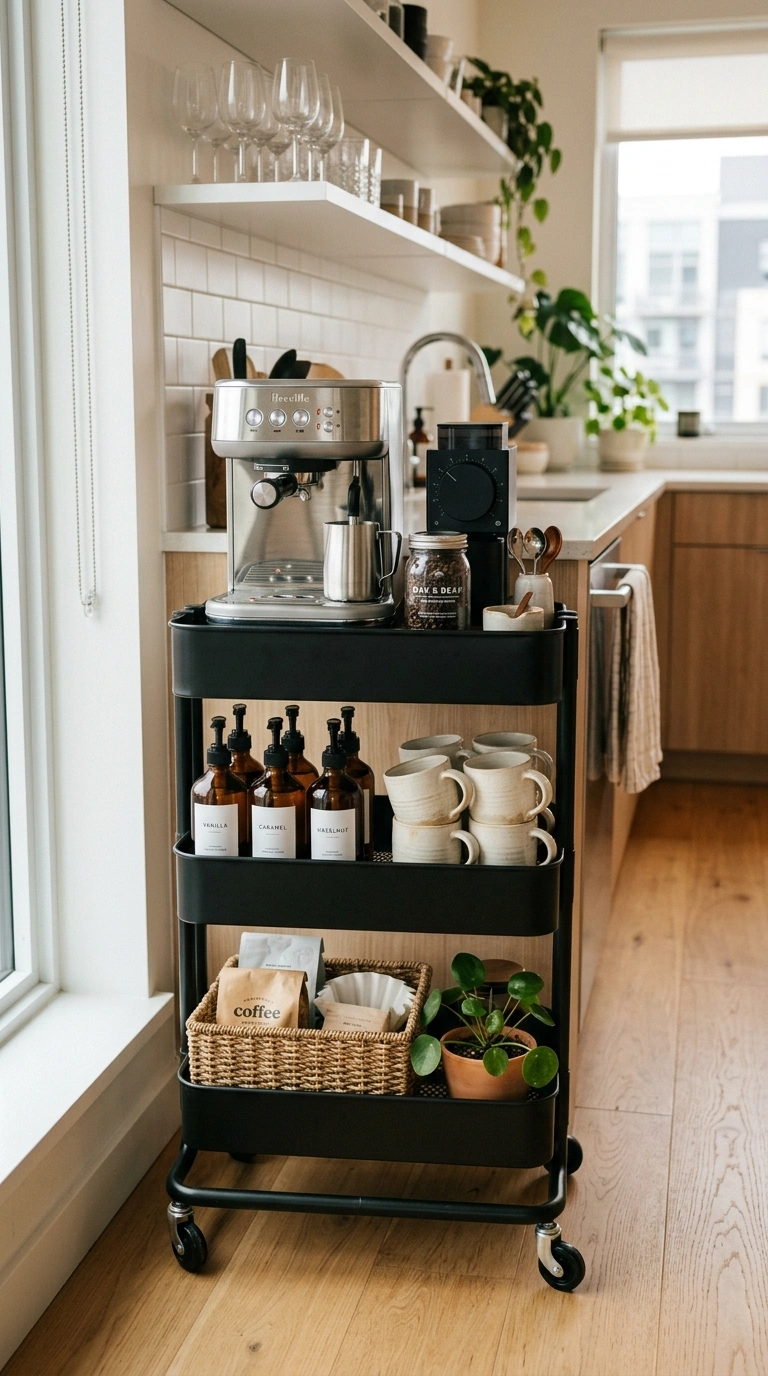 001 A small rolling metal bar cart styled as a coffee