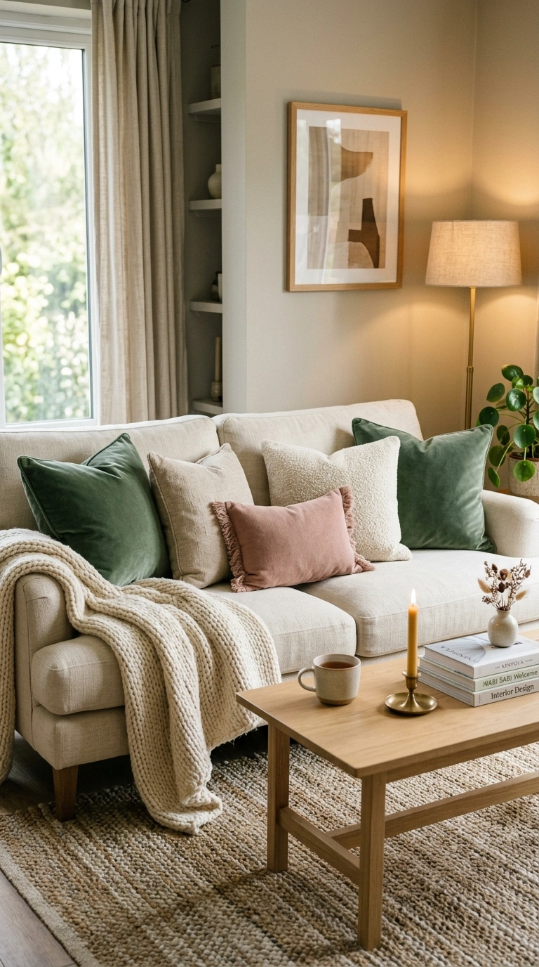 001 A warm ivory sofa layered with mixed texture cushi