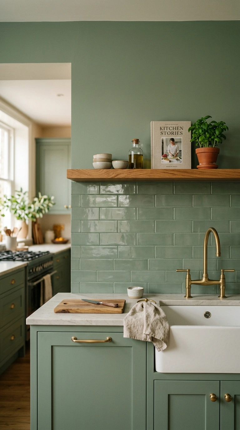 002 24 A color drenched kitchen where sage green gloss