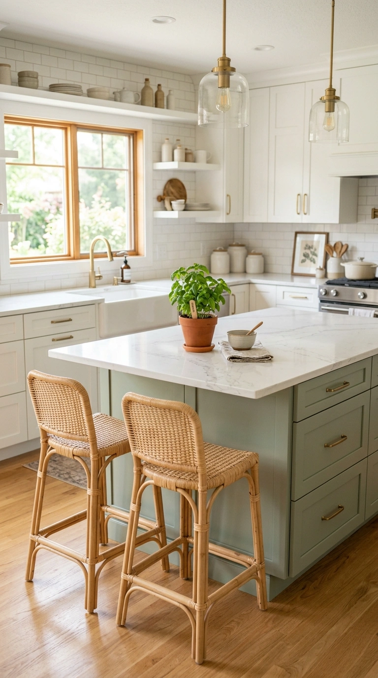 002 A bright kitchen with a soft sage green island as