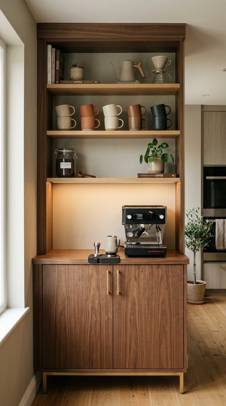 002 A built in style coffee bar made from stacked waln