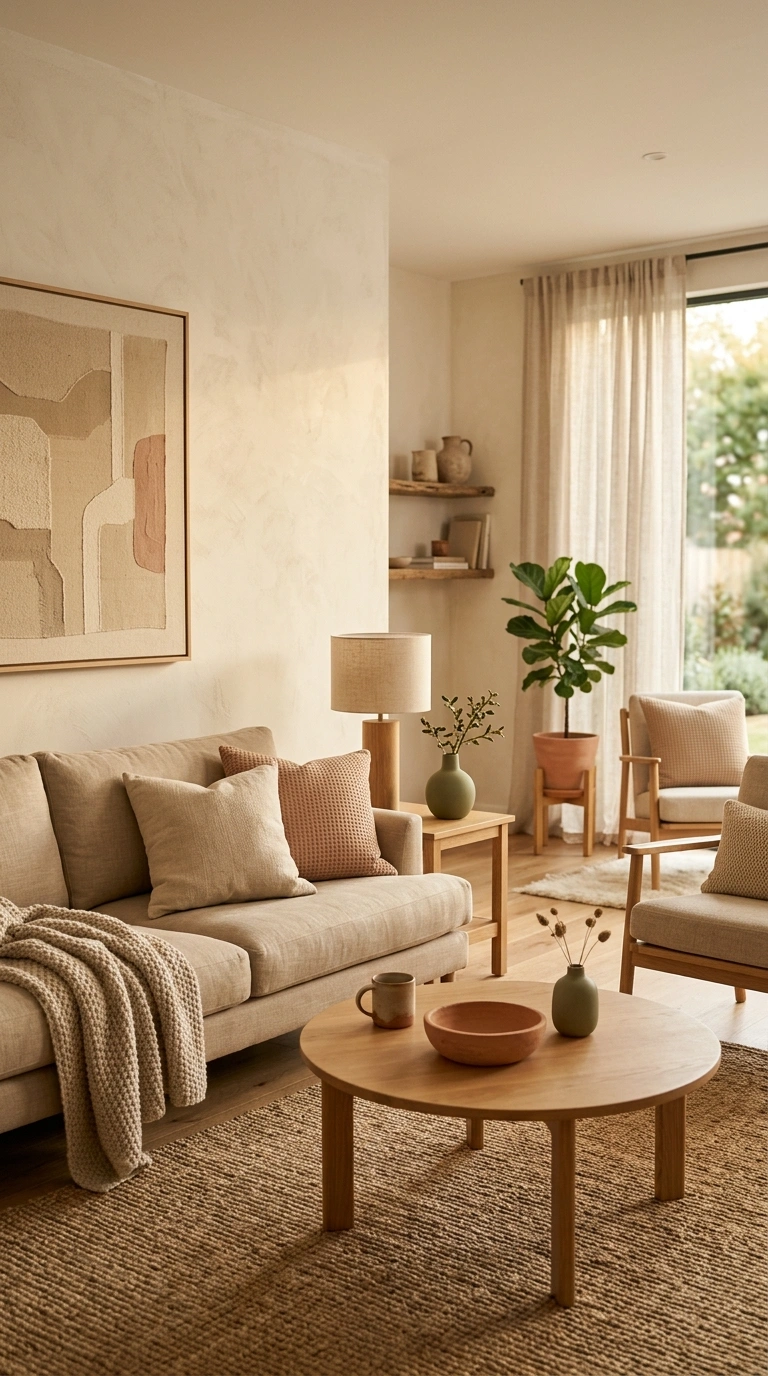 002 A calm living room built on warm ivory walls sandy