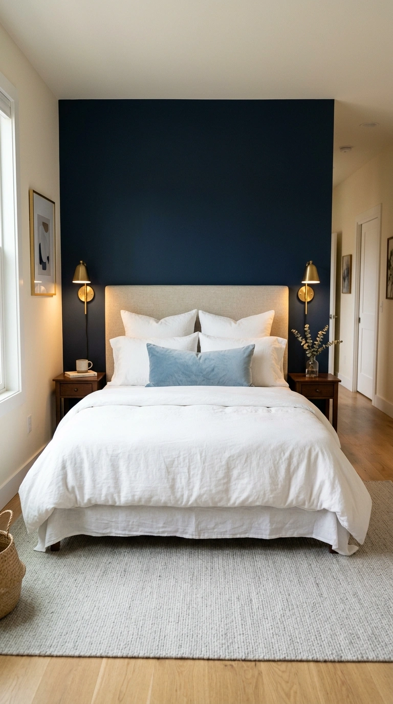 002 A cozy bedroom with a single deep navy accent wall