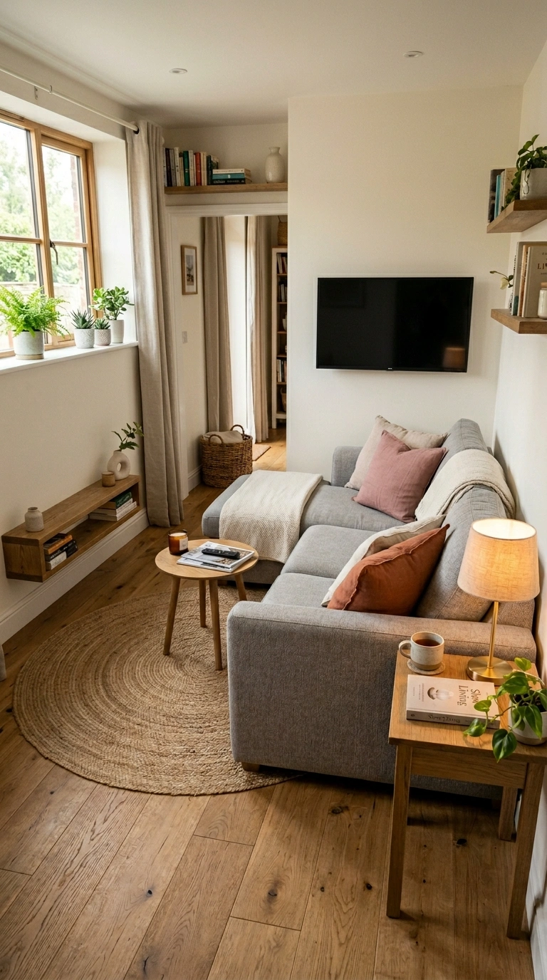 002 A cozy small living room arranged around an L shap
