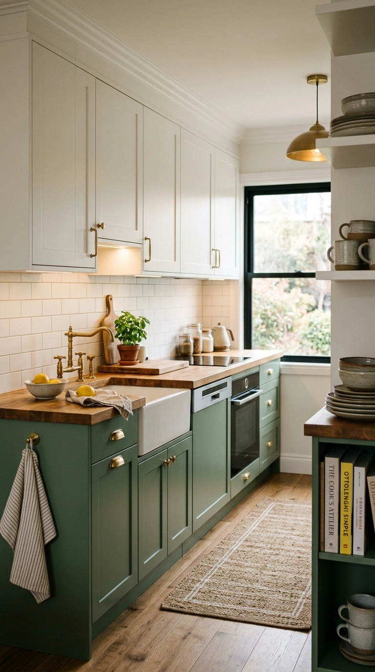 002 A cozy two tone small kitchen with sage green lowe