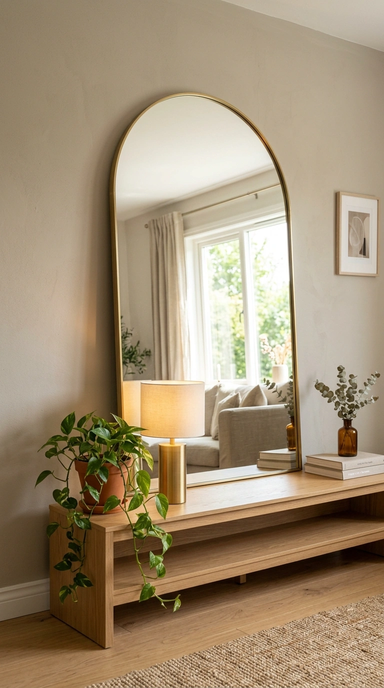 002 A large arched mirror with a thin brushed brass fr