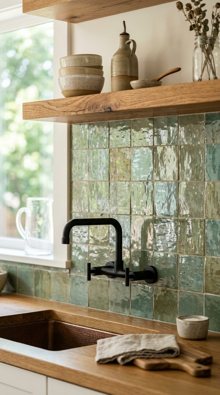 002 A modern kitchen backsplash of handmade sage green