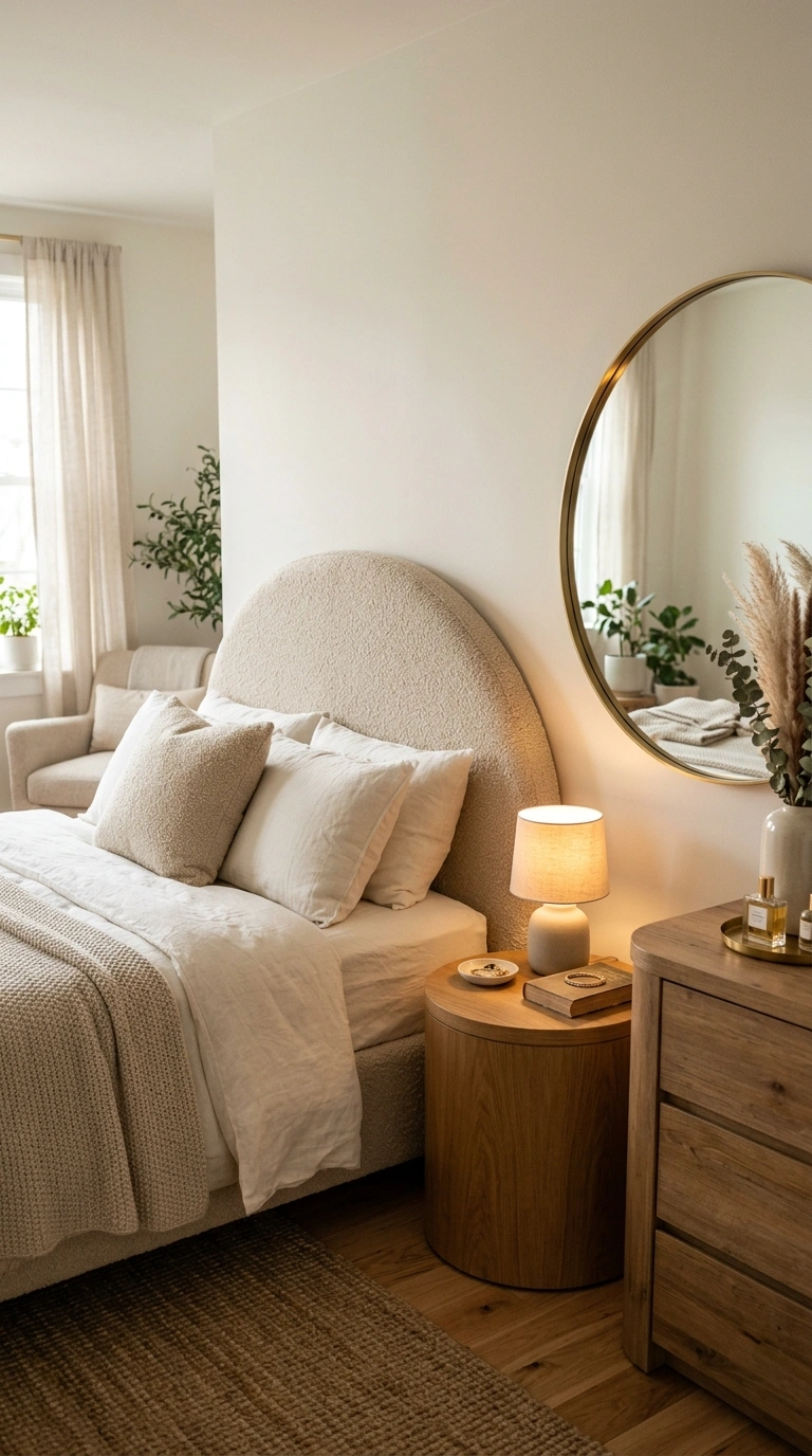 002 A relaxed bedroom with a curved upholstered headbo