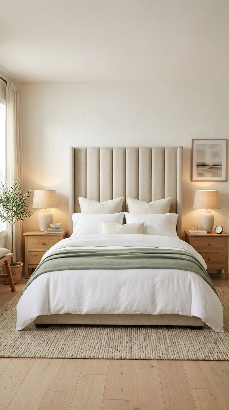 002 A serene bedroom centered on a tall channel tufted