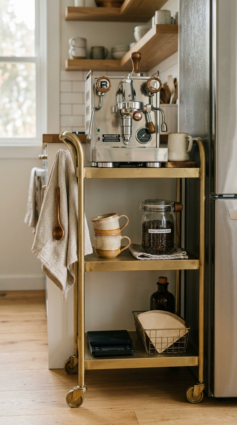 002 A slim three tier brushed brass rolling cart tucke