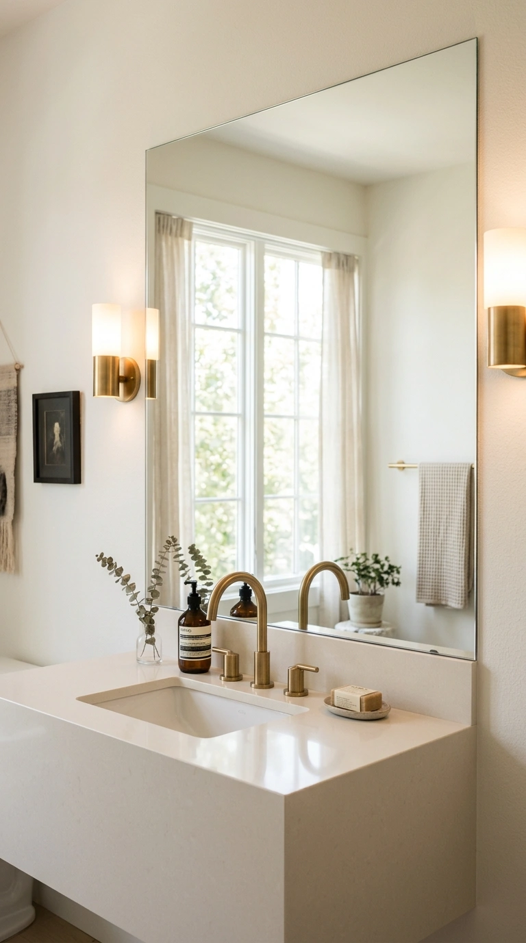 002 A small bathroom vanity topped by one oversized fr