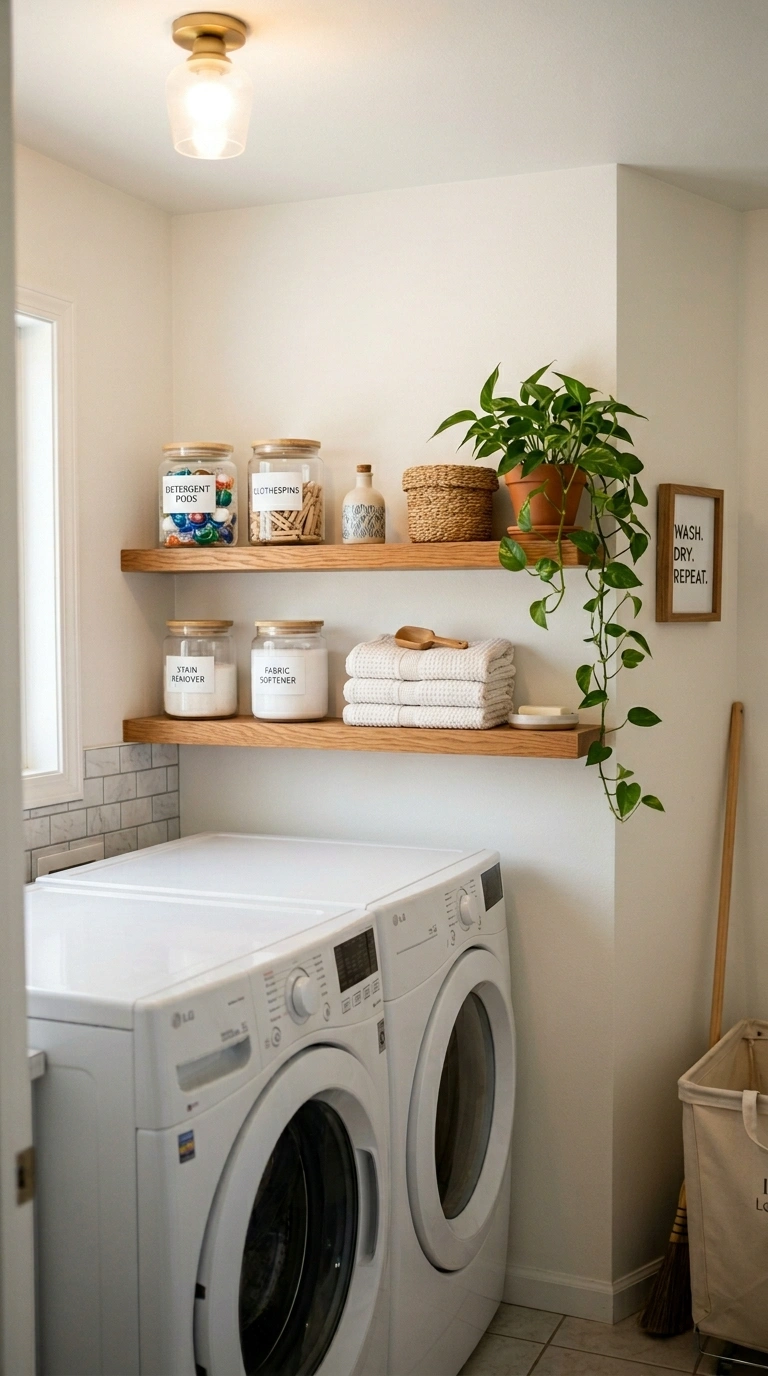 002 A small laundry room with two slim warm oak floati