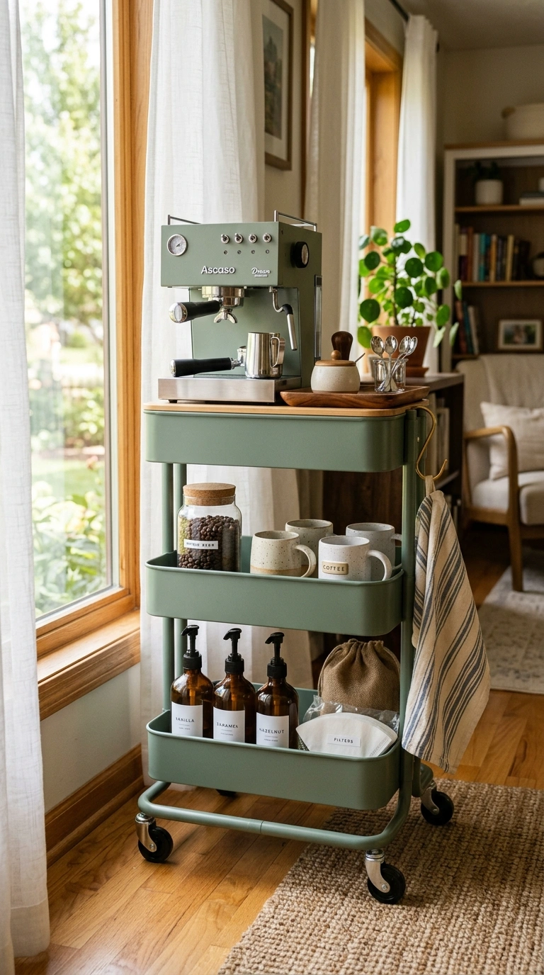 002 A three tier metal rolling cart painted sage green