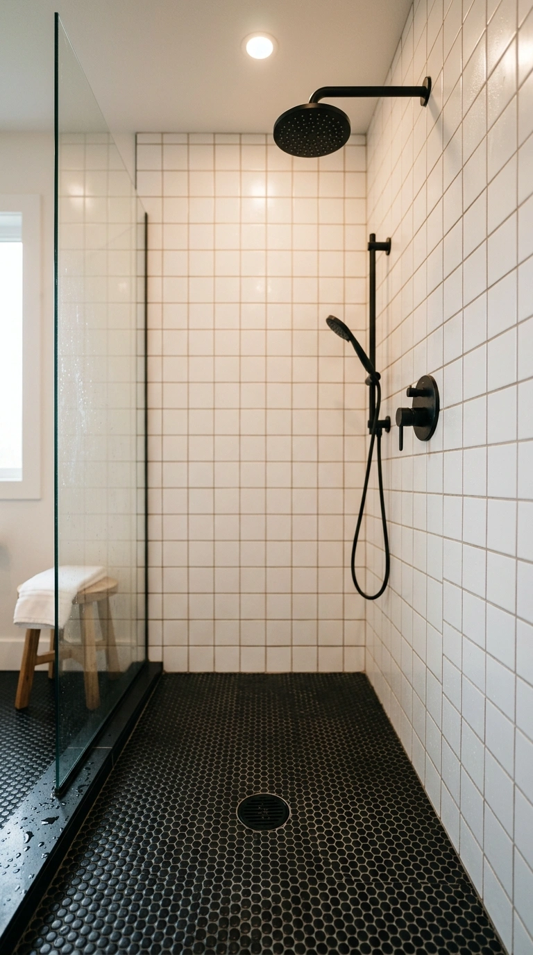 002 A walk in shower with a black penny tile floor and