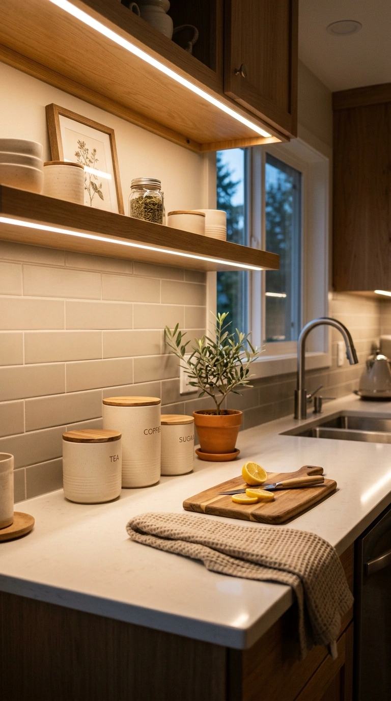 002 A warm kitchen counter glowing under a soft strip