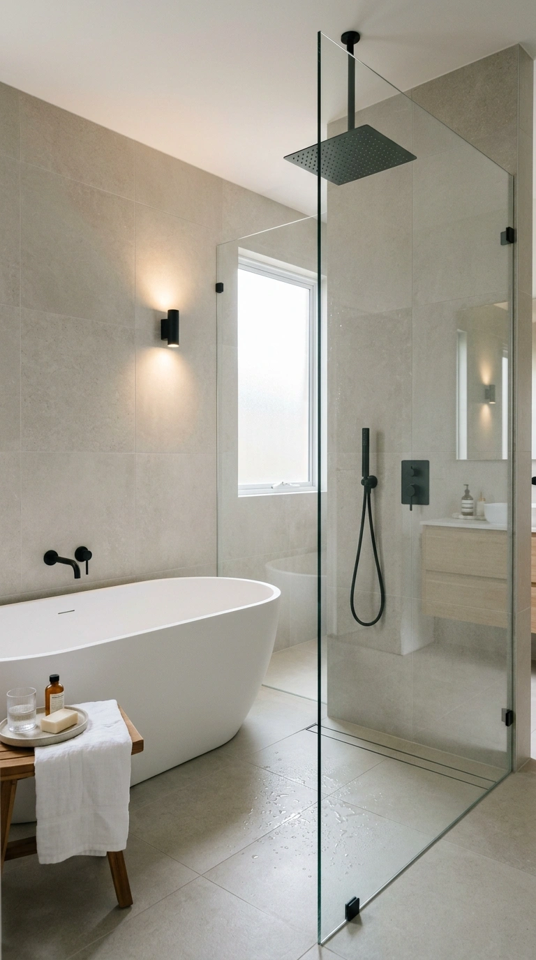 002 An open frameless glass wet room with a freestandi