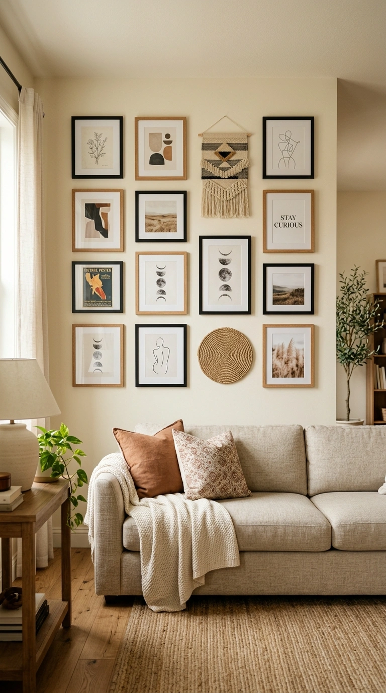 003 A balanced gallery wall above a sofa mixing framed