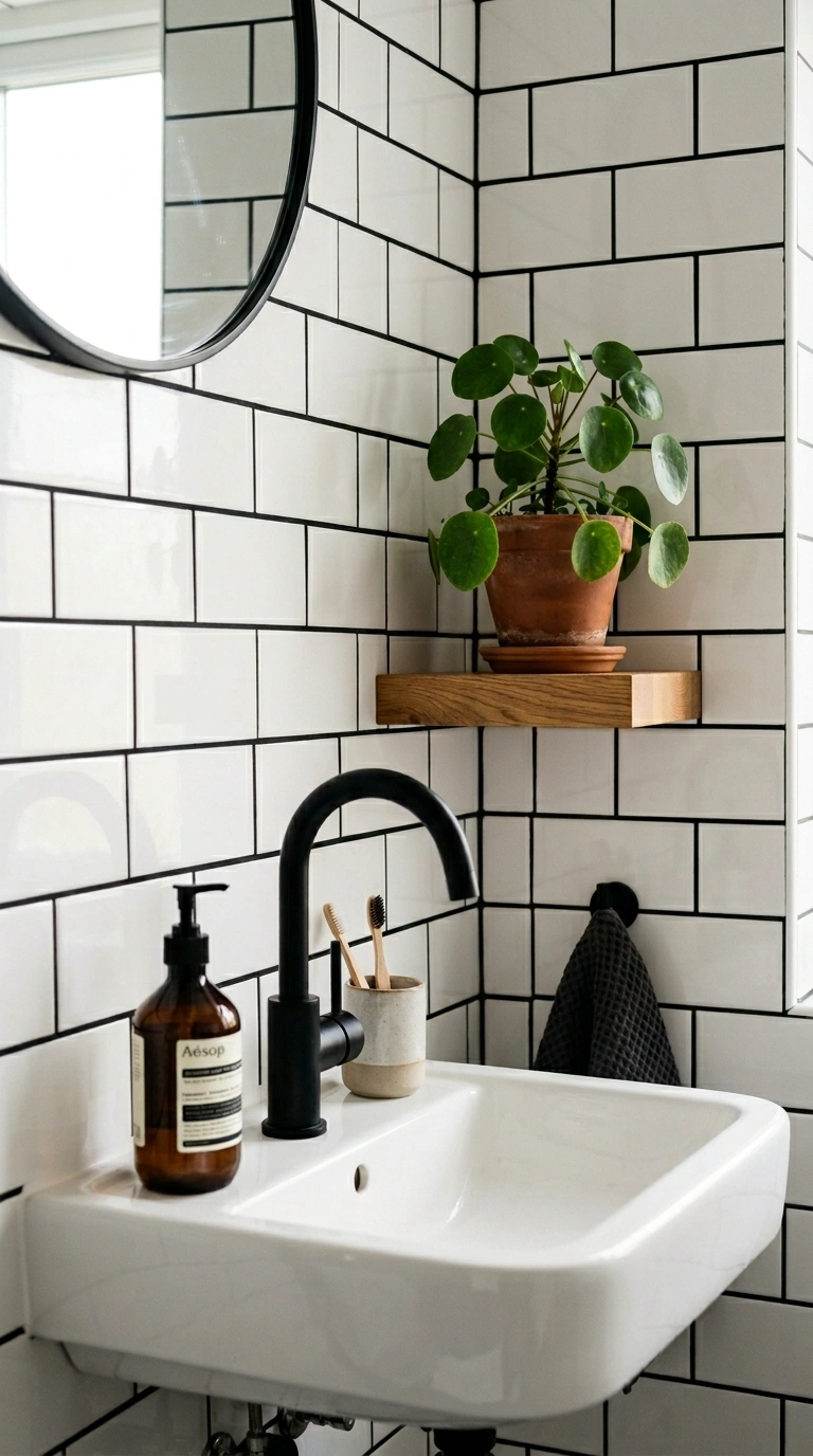 003 A bathroom wall of white subway tile with bold bla