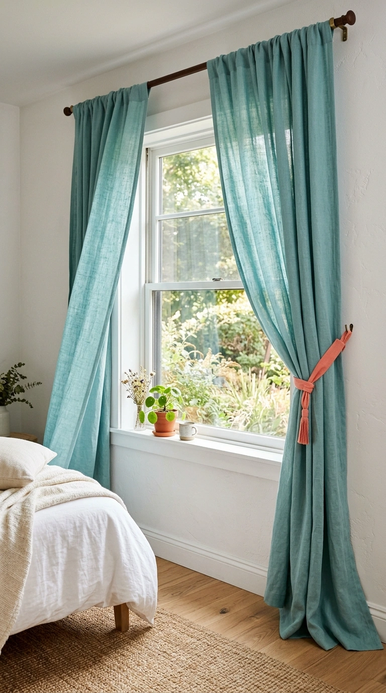 003 A bedroom window dressed in flowing muted turquois