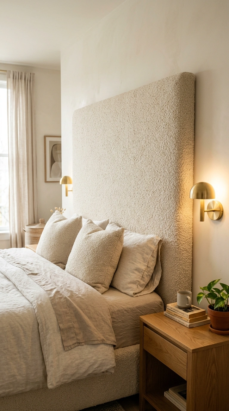 003 A bedroom with an oversized plush boucle headboard