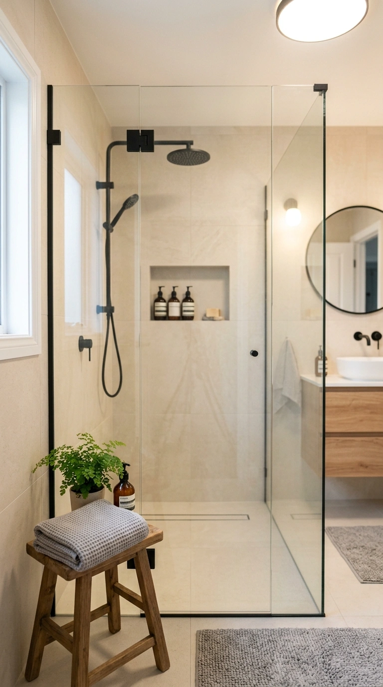 003 A bright small bathroom with a frameless low iron