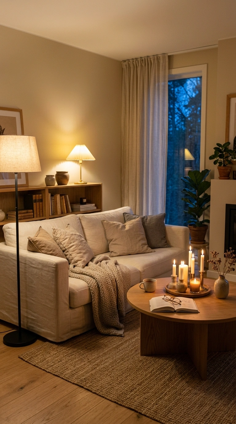 003 A cozy Scandinavian living room at dusk lit by lay