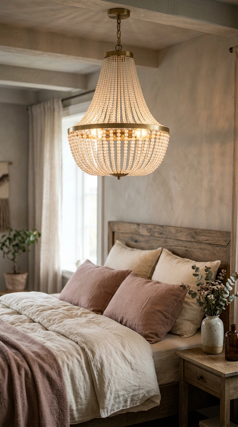 003 A cozy bedroom centered on a sculptural beaded cha