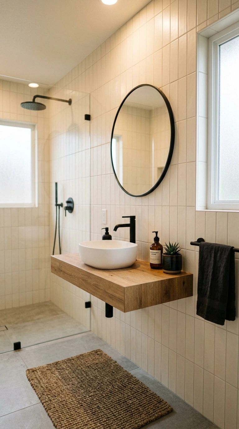 003 A crisp modern master bathroom with matte black fa