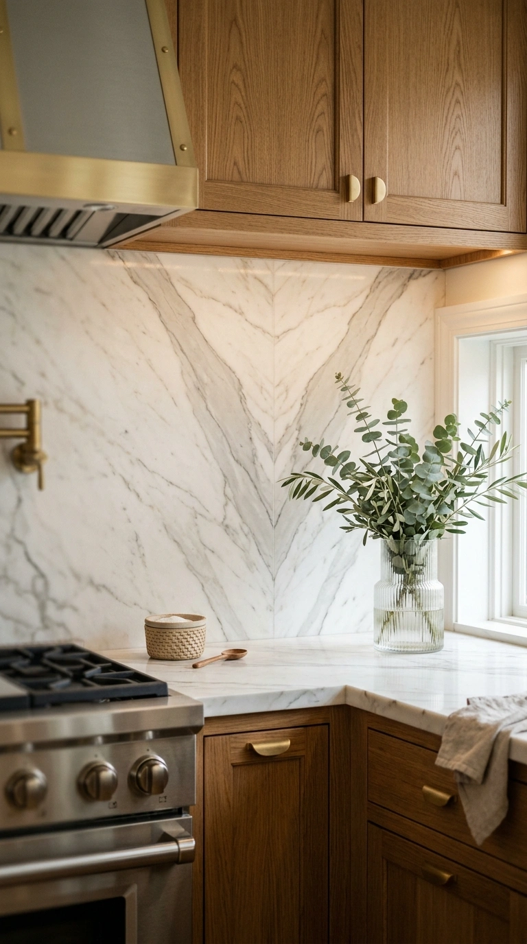 003 A full height warm white marble slab backsplash wi