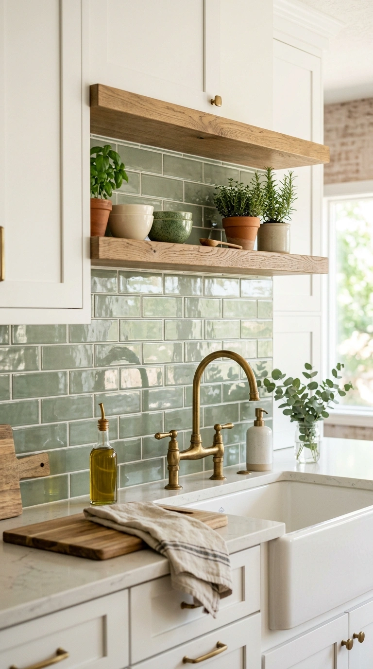 003 A kitchen counter zone with a glossy sage green su