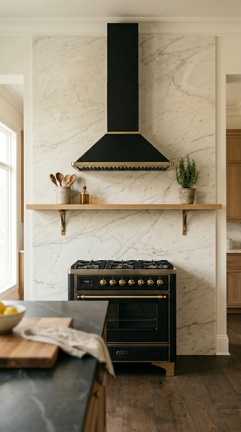 003 A kitchen feature wall behind a range with honed m